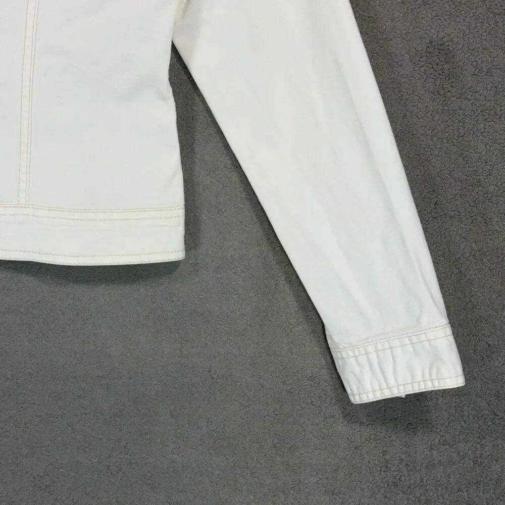 SO Women L White Denim Trucker Jacket Jean Crop Aesthetic Y2K Minimalist Chic - Picture 5 of 11